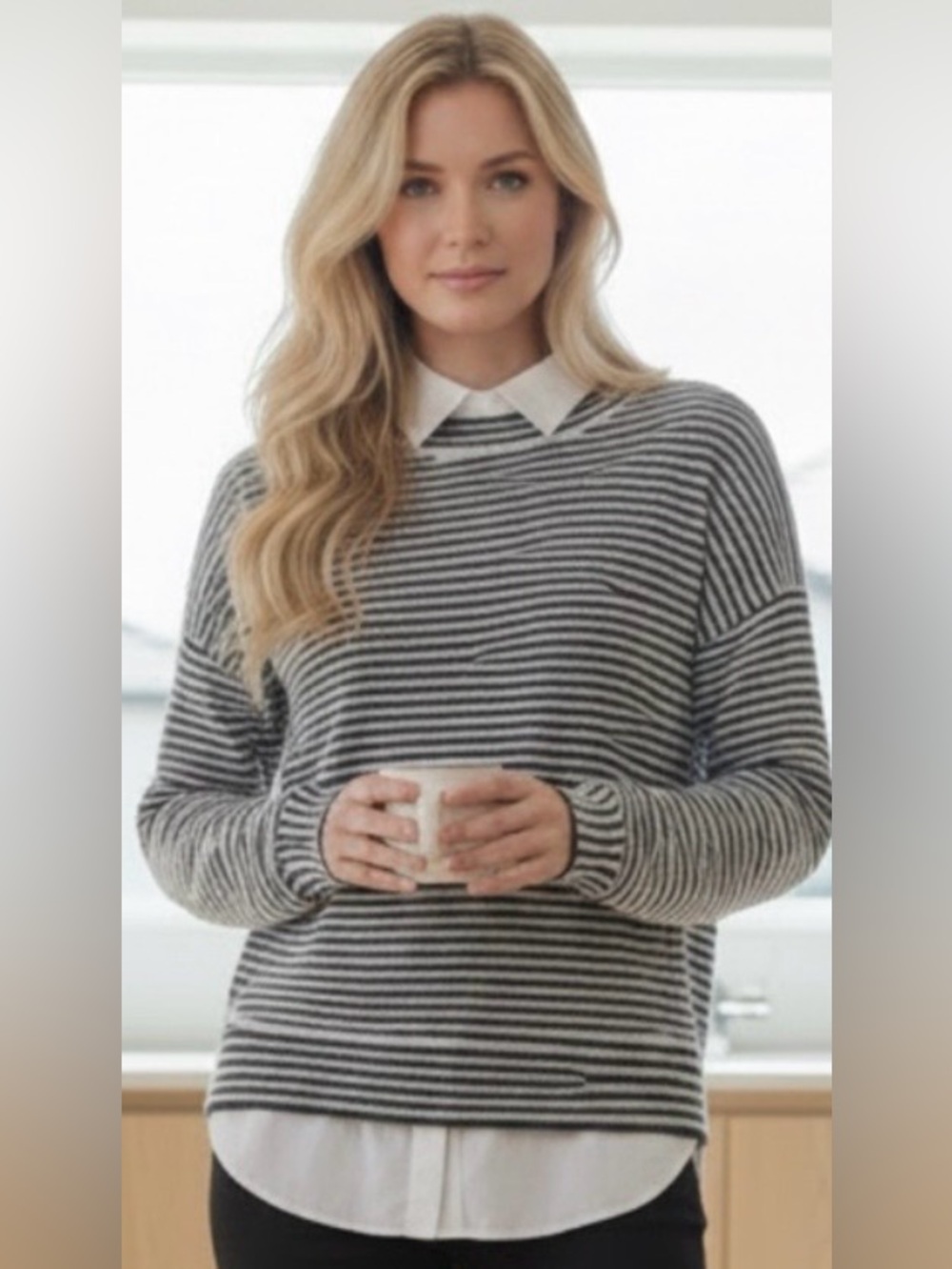 LOFT Black and White Striped Crewneck Sweater